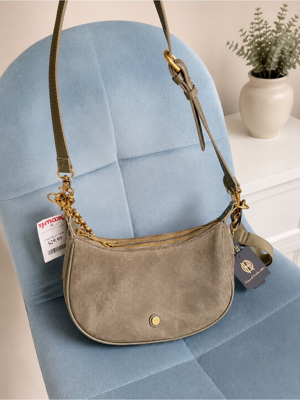 House of Harlow 1960 Olive Suede Shoulder Bag with Gold Hardware